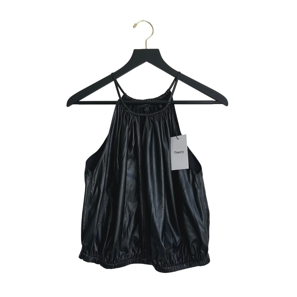 Theory Gathered Cami Mercer Faux Leather Halter Top Black Small M0625511 NEW‎